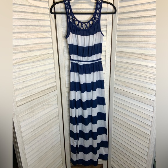 No Boundaries Nautical Blue and White Stripe Caged Neckline Maxi Sundress - Picture 3 of 10